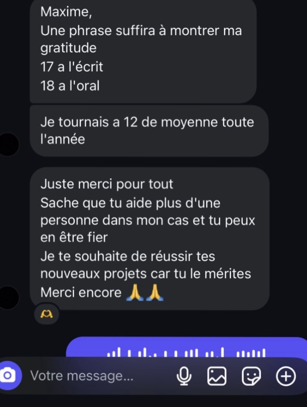 Élève : 17 à l'écrit, 18 à l'oral de français