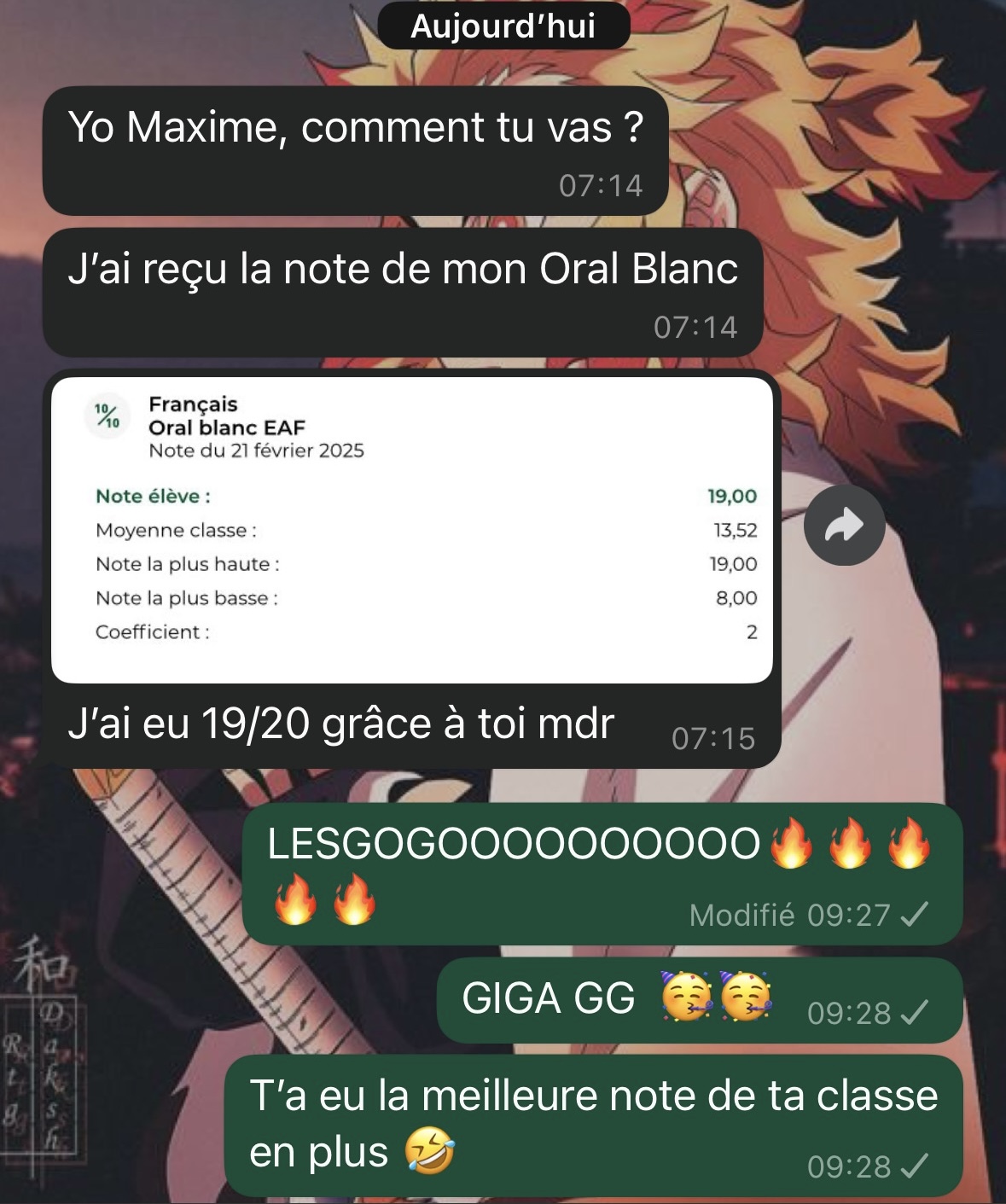 Message WhatsApp : 19/20 à l'oral blanc
