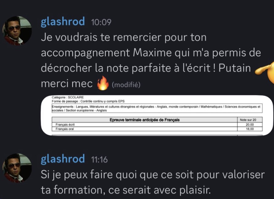 Message Discord : 20/20 à l'écrit de français